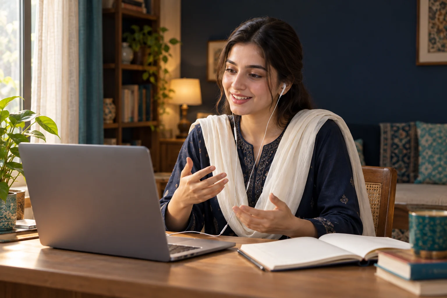 Illustration of a Pakistani learner practising spoken English at home with a laptop and notebook